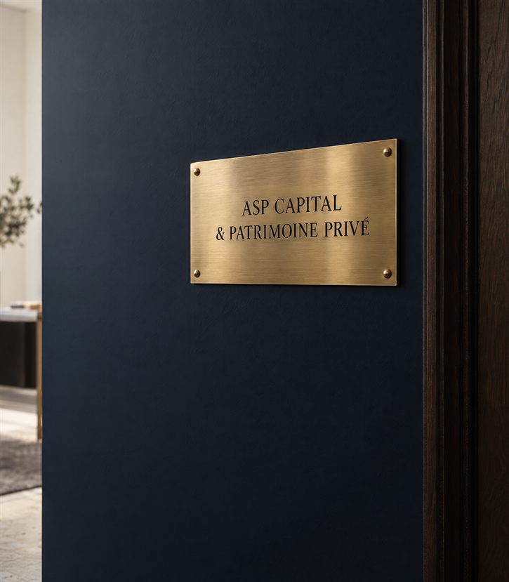 Plaque gravée « ASP CAPITAL & PATRIMOINE PRIVÉ » fixée sur le mur de l’entrée du cabinet, à côté de la porte en bois sombre