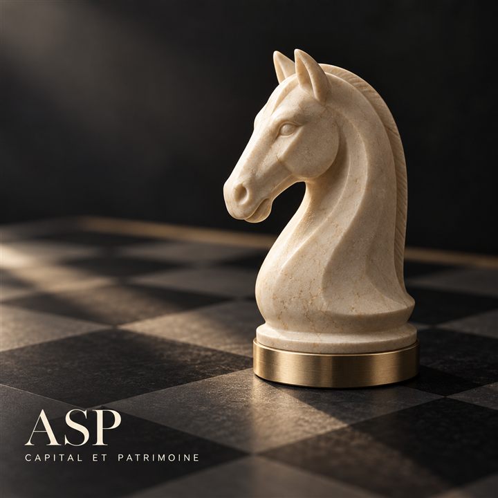 Cavalier d’échecs sculpté dans la pierre claire, sur un échiquier sombre, avec le nom ASP Capital et Patrimoine